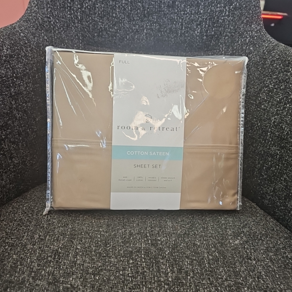 NIP Room & Retreat Full Size 100% Cotton Sateen Sheet Set 400 TC Khaki Solid